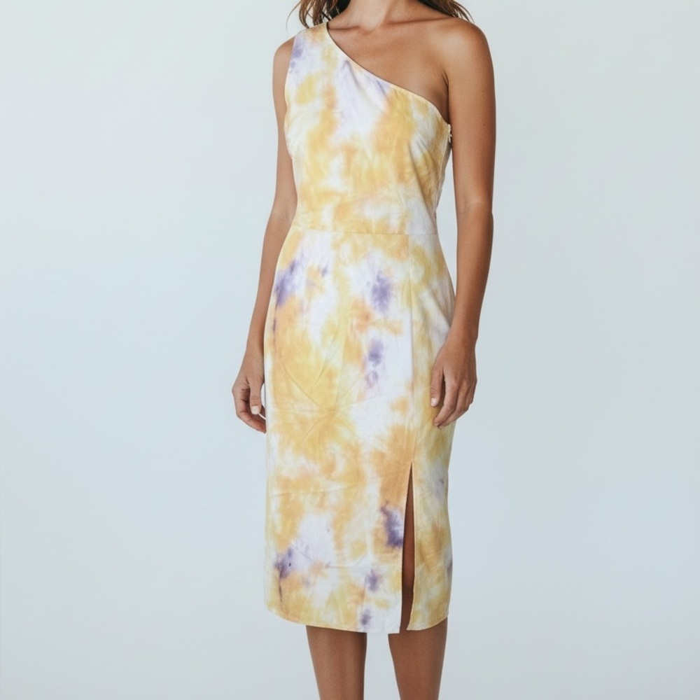 Boutique Women’s Yellow Tie Dye One Shoulder Midi‎ Dress Medium US 6